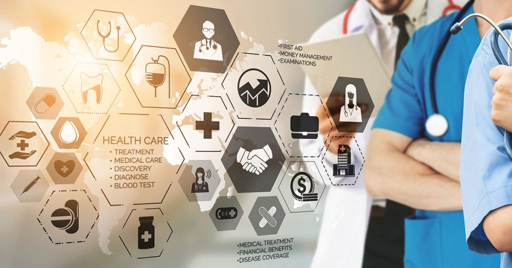 Health Insurance Concept - Doctor in hospital with health insurance related icon graphic interface showing healthcare people, money planning, risk management, medical treatment and coverage benefit; blog: 7 Healthcare Trends for 2020