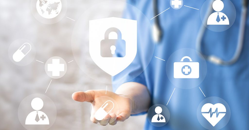 Doctor pushing button locked shield virus security virtual health; blog: 10 Ways to Secure Healthcare Data